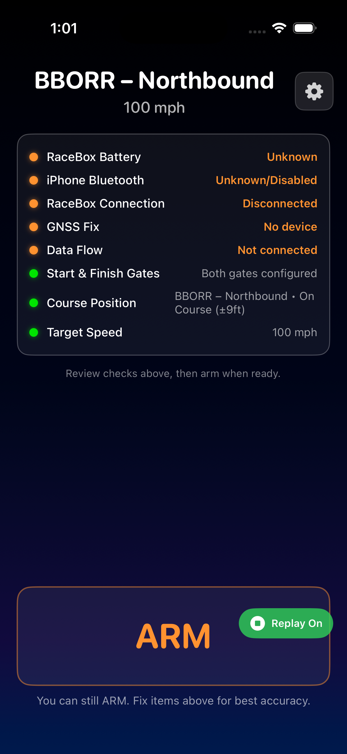 Pre-arm screen on BBORR Southbound
