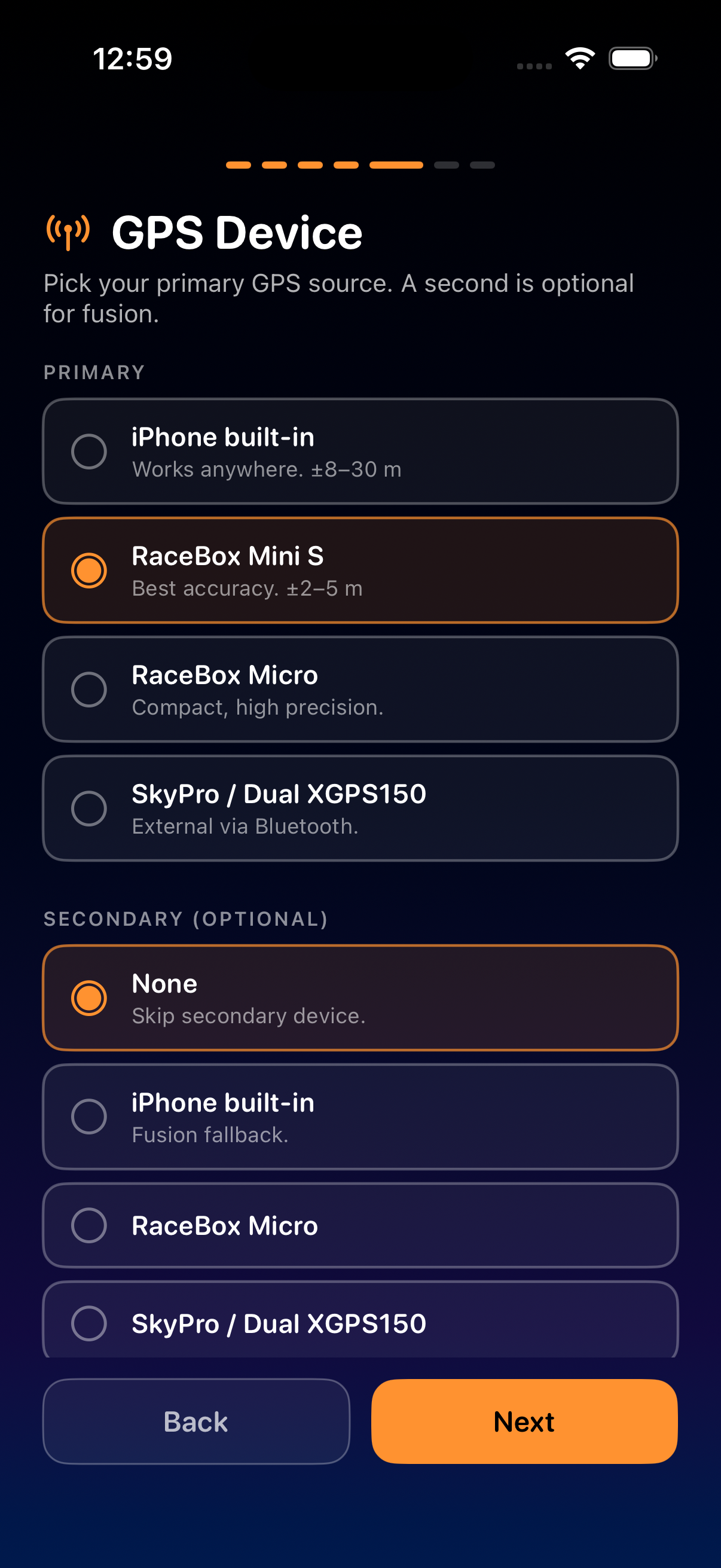 Setup wizard, GPS device step