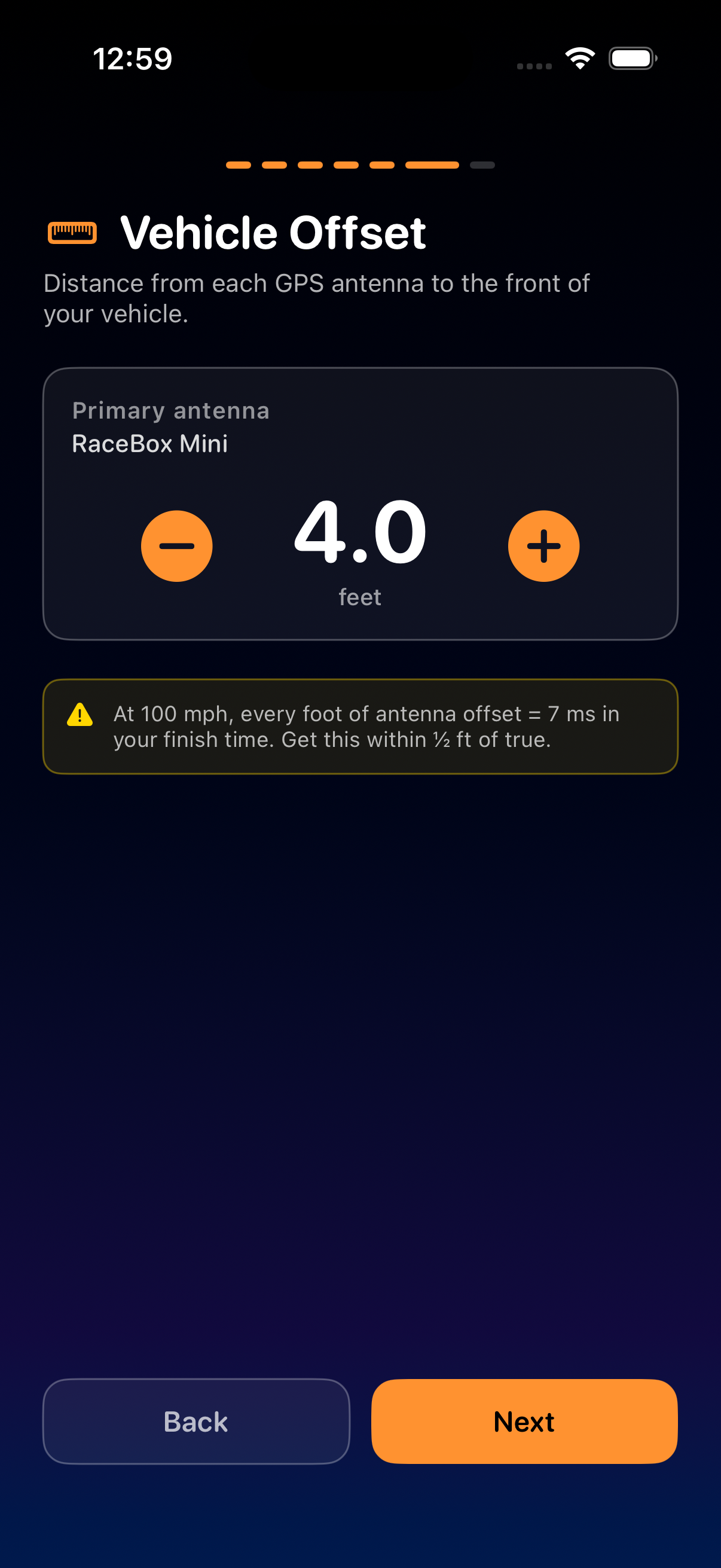 Setup wizard, vehicle offset step