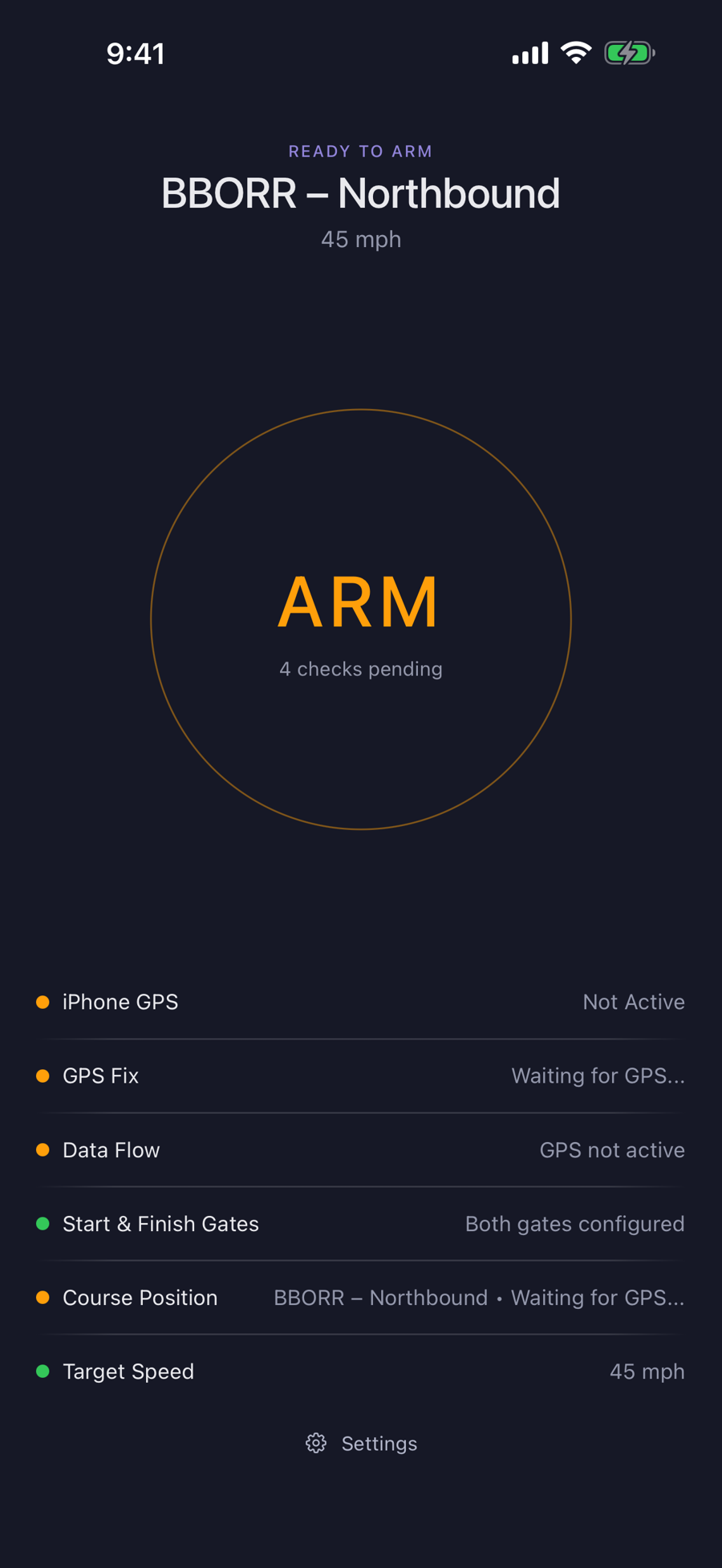 Open Road Ace pre-arm screen with target speed and readiness checks